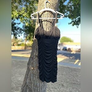 Elegant Y2K Vintage Black Ruched Bling Rhinestone Strap Mini Dress